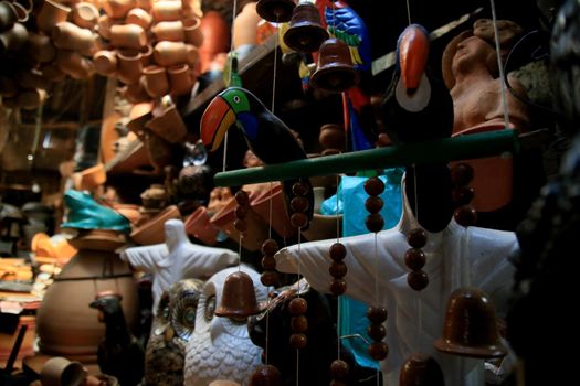 salvador, bahia, brazil - june 28, 2021: pieces made of clay in pottery are seen for sale at the Sao Joaquim fair in the city of Salvador.
