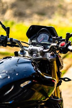 Detail of black motorcycle. Honda Hornet motorcycle detail photo in Bucharest, Romania, 2021