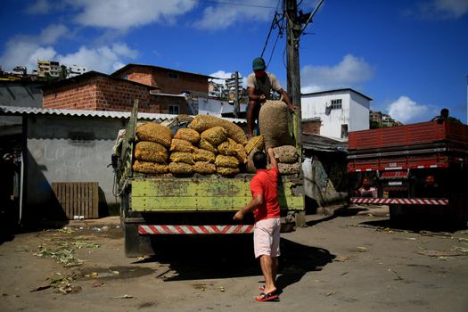 salvador, bahia, brazil - june 28, 2021:People are seen unloading bags of peanuts from a truck at the Sao Joaquim fair in the city of Salvador.

