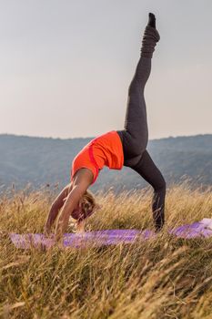 Beautiful woman doing yoga in the nature,Ekopada Dhanurasana /Bridge pose with right leg up.Image is intentionally toned.
