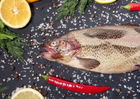 Organic raw fresh trout or salmon fish on an black background with lemon, ea salt and pepper mix. Top view.