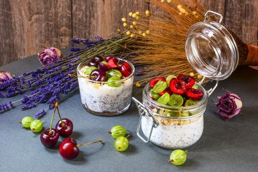 Yogurt with seeds a chia and berries on grey background