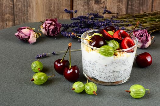 Yogurt with seeds a chia and berries on grey background