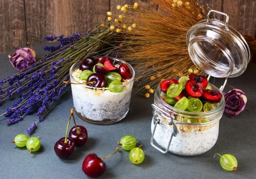 Yogurt with seeds a chia and berries on grey background