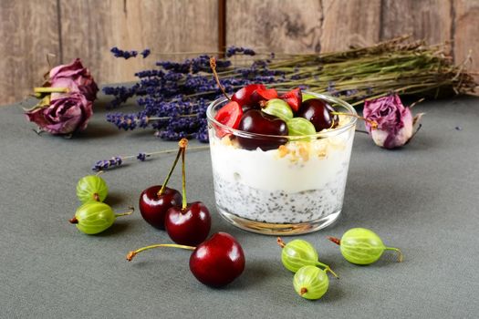 Yogurt with seeds a chia and berries on grey background