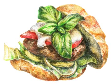 Color pencils realistic food illustration of burger. Hand-drawn object on white background.
