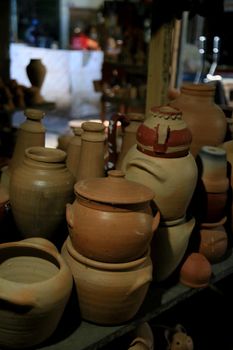 salvador, bahia, brazil - june 28, 2021: pieces made of clay in pottery are seen for sale at the Sao Joaquim fair in the city of Salvador.
