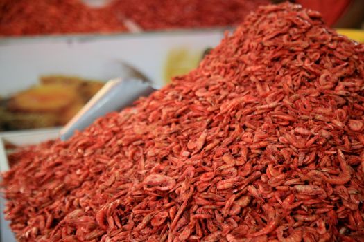 salvador, bahia, brazil - june 28, 2021: dehydrated and salted shrimp for sale at the Sao Joaquim fair in the city of Salvador.


