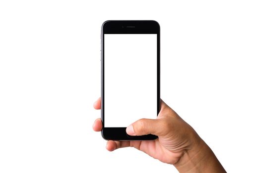 Woman hand holding a smartphone blank white screen. Female holds the modern mobile phone on hands studio shot isolated on over white background with clipping mask path on the phone and screen