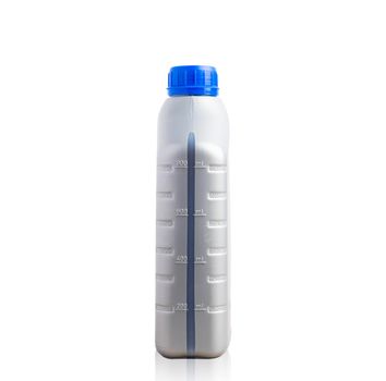 Gray plastic can machine lubricating oil bottle 1 liter with a blue cap for machine engine isolated on over white background with clipping path