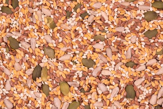 Surface of a flat seeds with sesame, flax, pumpkin and sunflower seeds, top view close-up, background