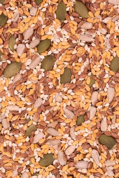 Surface of a flat seeds with sesame, flax, pumpkin and sunflower seeds, vertical top view close-up, background