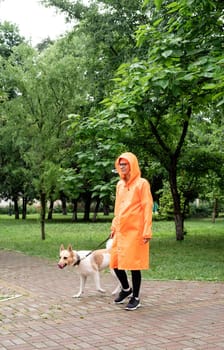 Rainy weather. Young woman in orange raincoat walking with her dog in a summer park