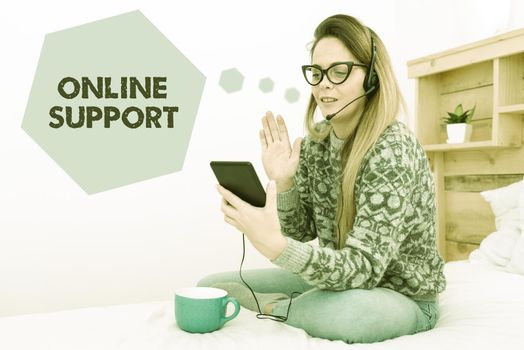 Conceptual display Online Support, Word for range of services which helps in solving the buyer s is problem Entrepreneur Checking And Reading Emails, Student Sending Messages Online