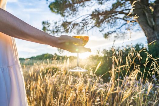 Suggestive scene of unrecognizable woman in white boho style dress and large dark hat holding wine glass looking at sunset in a high grass meadow. Alone girl drinking champagne in the nature at dusk