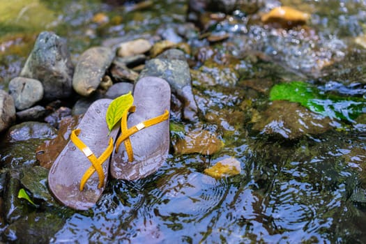 Slippers were placed on the rock in the water