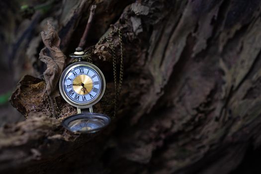 vintage pocket watch on the old wooden background with copy space