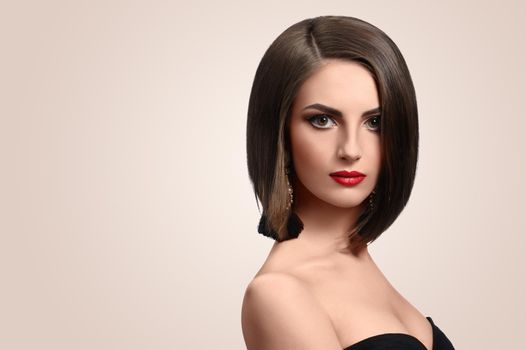 Red lips classic. Beautiful young woman with evening makeup posing gracefully in studio copyspace red lips smoky eyes beauty cosmetics fashion salon confidence femininity concept