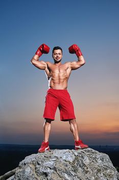 Vertical portrait of a handsome young male boxer wearing boxing gloves posing outdoors flexing his muscles tough activity athlete sportsman sport motivation champion winner winning sexy torso body.