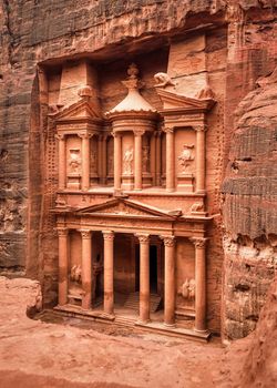 Front of Al-Khazneh Treasury temple carved in stone wall - main attraction in Lost city of Petra.