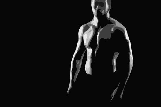 Cropped illustration of a muscular shirtless man with strong ripped fit and toned body on black background copyspace muscles masculinity confidence motivation sportive sports athlete active lifestyle. 