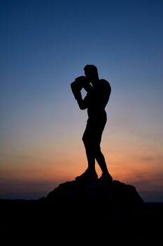 Silhouette of a powerful male boxer training outdoors stunning dusky sky on the background copyspace exercising workout effort endurance combat fighting preparing concentrating motivation