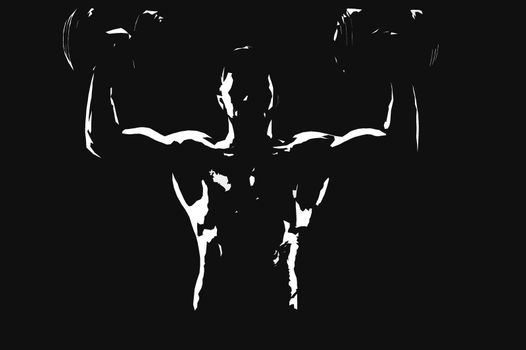 Horizontal monochrome illustration of a ripped male athlete working out with dumbbells on black background copyspace fitness lifestyle gym motivation sportive sport activity energy power.