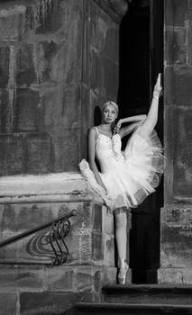 Thoughtful grace. Vertical monochrome shot of a young ballerina posing with her leg up against the wall soft focus