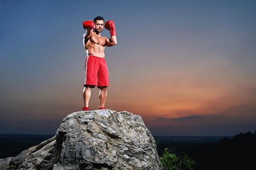Handsome young muscular boxer with stunning hot sexy ripped body standing on a rock outdoors on sunset copyspace sports motivation lifestyle muscles toned strength toughness masculinity concept.