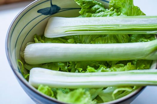 Three green onion and lettuce in a bowl on a white background. Top to bottom. Layout.