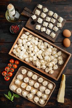 Raw Italian ravioli tortellini with fresh parmesan and basil , tomatoes set on old dark wooden table background, top view flat lay