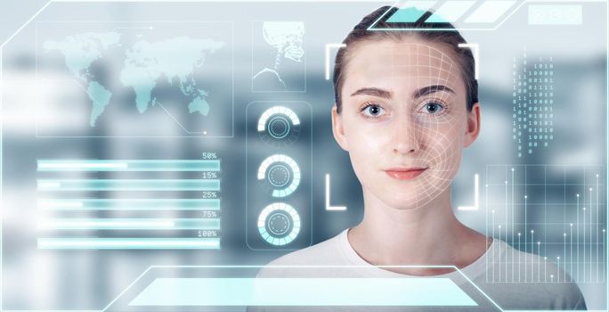 Futuristic Artificial Intelligence Biometric Facial Recognition, Personal AI Identify Face Scan With Smart Virtual Interface Database Technology. Future Identification Facial Access Security Scanning