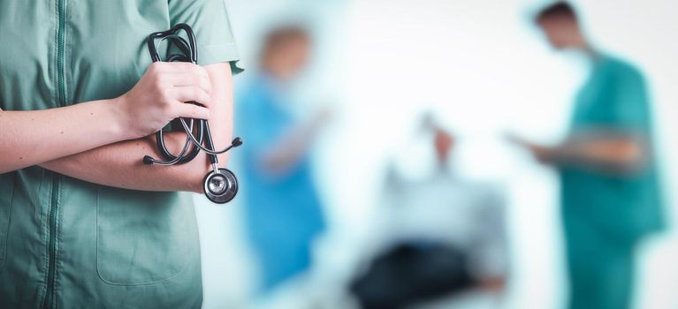 Medical Patient Healthcare and Doctor Occupation Concept, Medicine Physician Doctor With Stethoscope in Hospital Clinic Health Care. Cardiologist Specialist Doctors on Examining Patients Background.