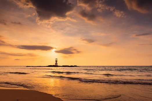 Seascape Scenery View With Lighthouse During Dramatic Cloudy at Sunset, Nature Landscape Tropical Seashore Scenic and Beautiful Beach Against Horizon Over The Sea Water. Natural Panoramic of The Beach