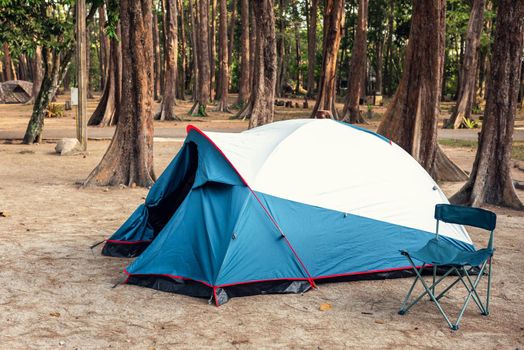Camping Tent and Resting Chair at Campsite on Nature Pine Forest Background, Family Vacation and Outdoor Leisure Activity Camp Fire in National Park. Natural Adventure Backpacking and Holiday Trip.