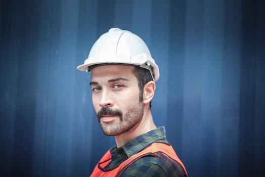 Portrait of Confident Transport Engineer Man in Safety Equipment Standing in Container Ship Yard. Transportation Engineering Management and Containers Logistics Industry, Shipping Worker Occupation