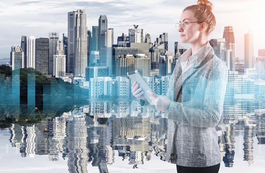 Business Woman Using Tablet on City Urban Background, Double Exposure of Businesswoman With Financial Marketing Report Data Against Cityscape Building Backgrounds. Business Digital Finance/Technology