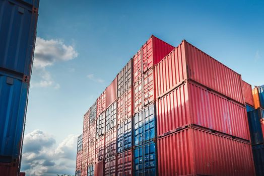 Stack of Containers Cargo Ship Import/Export in Harbor Port, Cargo Freight Shipping of Container Logistics Industry. Nautical Transport Distribution Yard, Business Commercial Dock and Transportation. 