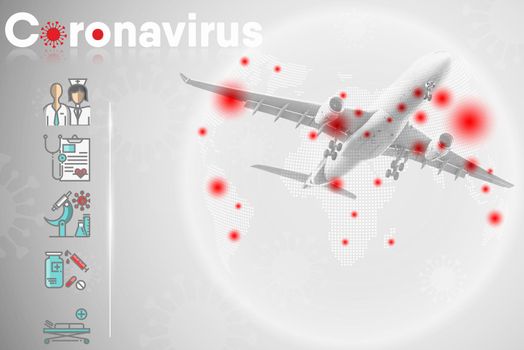 Coronavirus Crisis and Health Prevention From Covid-19 Virus of Public Airplane Aviation, Medical Covid Pandemic Guideline Template for Passenger of Transportation Airline. Healthcare/Medicine Concept