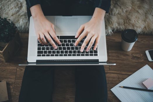 Work From Home Lifestyle and Business Online, Attractive Woman Hands is Typing on Keyboard Laptop While Working at Home. Business Freelance Person Using Computer Laptop at Her Home Workplace