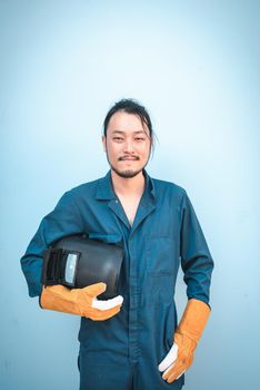 Construction Welding Worker Holding Constructing Equipment Tools on Isolated Background. Welder Man Builder Real Estate Jobs Occupation, Business Engineering Industry and Building Development Concept.