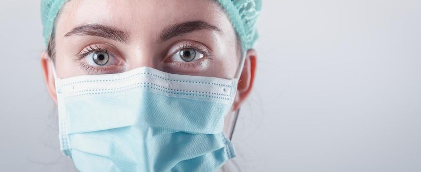 Medical Surgical Doctor and Health Care, Portrait of Surgeon Doctor in PPE Equipment on Isolated Background. Medicine Female Doctors Wearing Face Mask and Cap for Patients Surgery Work. Medic Hospital