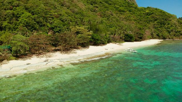Tropical island with sandy beach, green foliage and palm trees. Lagoon with azure and clear water. Helicopter Island in El Nido, Palawan Philippines. Summer and travel vacation concept