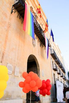 Elche, Spain- June 28, 2018:People attending the Proclamation of the Gay Pride Day at the town hall of Elche