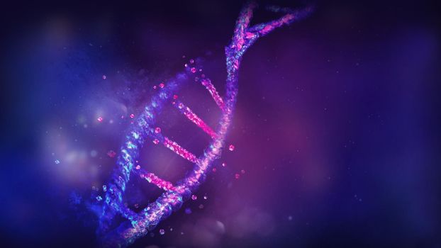 Computer model of damaged DNA structure close-up in violet blue colors. 3D render.