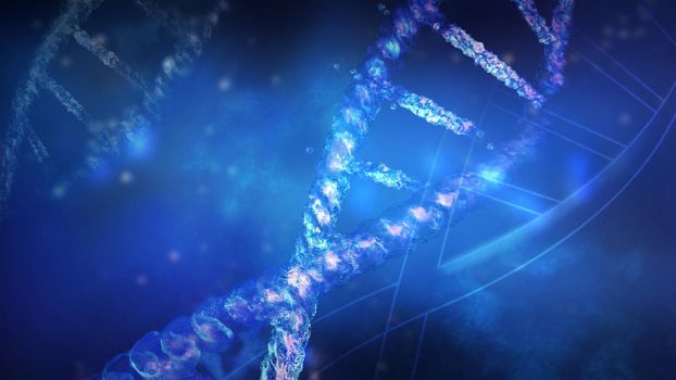 Computer model of DNA structure close-up in blue colors. 3D render.