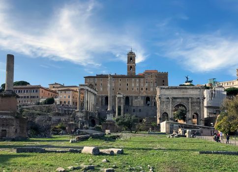 Forum Romanum in Rome, Italy. In a distance Colosseum. High quality photo