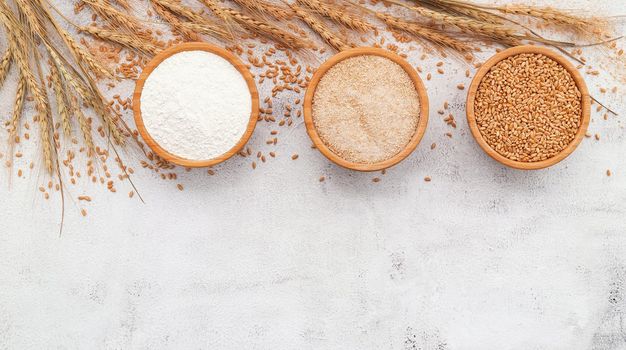 Wheat grains , brown wheat flour and white wheat flour in wooden bowl set up on white concrete background.