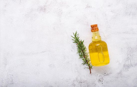 Glass bottle of olive oil and rosemary branch set up on white concrete background.