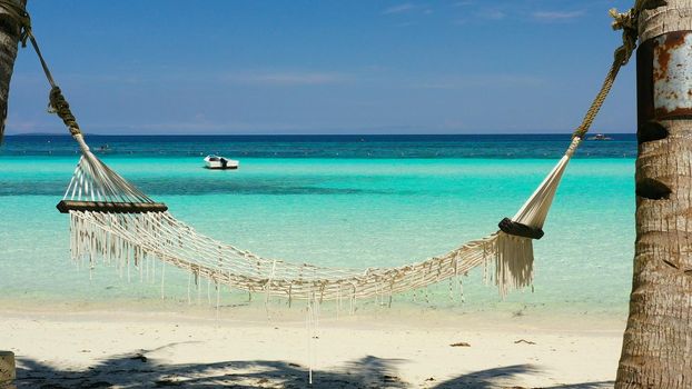 Tropical beach with with hammock and palm trees. Beautiful beach and tropical sea. Panglao island, Bohol, Philippines. Summer and travel vacation concept.